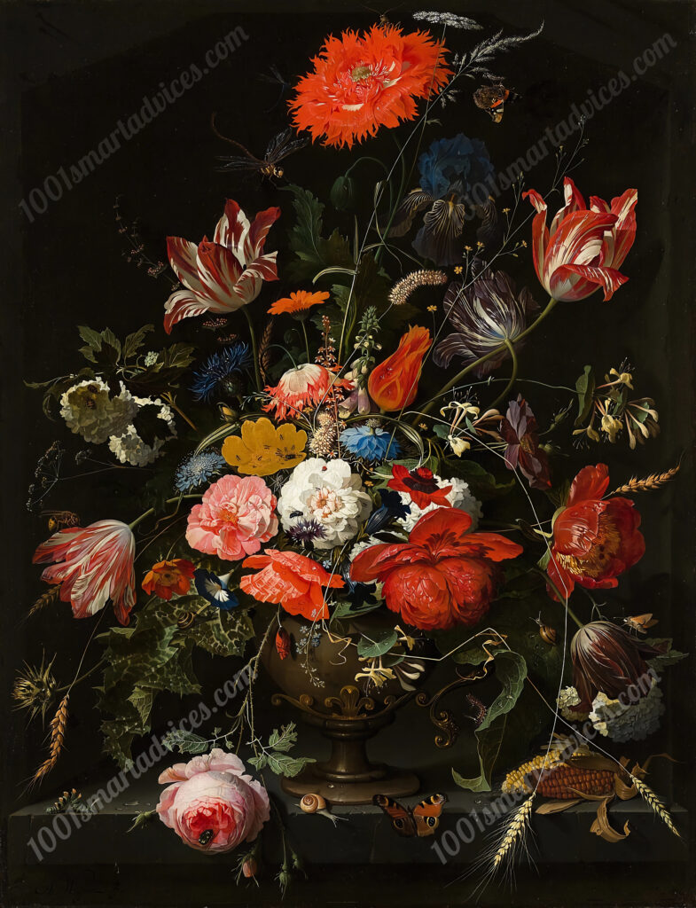 Flowers in a metal vase by Abraham Mignon