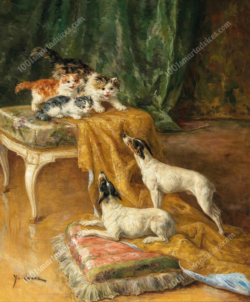 Two Jack Russells and Three Kittens by Marie-Yvonne Laur