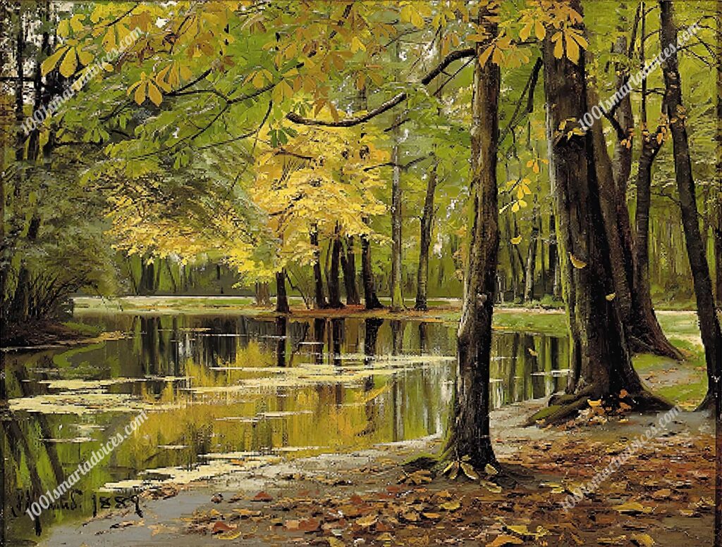 Autumn party from a lake, chestnut tree in the foreground by Peder Mork Monsted